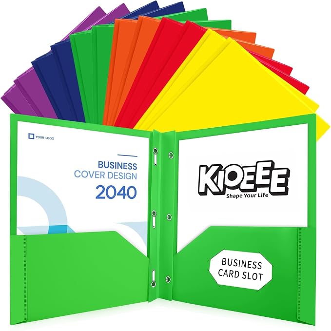 Plastic Folders with Pockets and Prongs (12 Pack,Multi-Colored),Fit Letter Size Paper,Business Card Slot,2-Pocket Folder for School Office or Home,Durable Acid-Free Poly,Back to School Supplies by KIOEEE