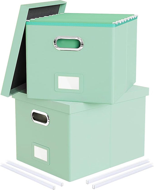 2 Pack File Storage Organizer Box,Portable File Box with Lid,Fit for Letter/Legal File Folder Storage, Mint-green(Leather) by Oterri