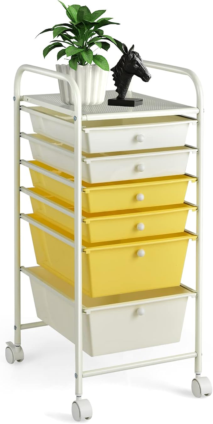 COSTWAY 6-Drawer Rolling Storage Cart, Art Craft Tools Organizer on Wheels | Multifunctional Heavy Duty Utility Mobile Storage Trolley w/ 2 Lockable Wheels for Home Office School (Yellow, Beige & Grey) by COSTWAY