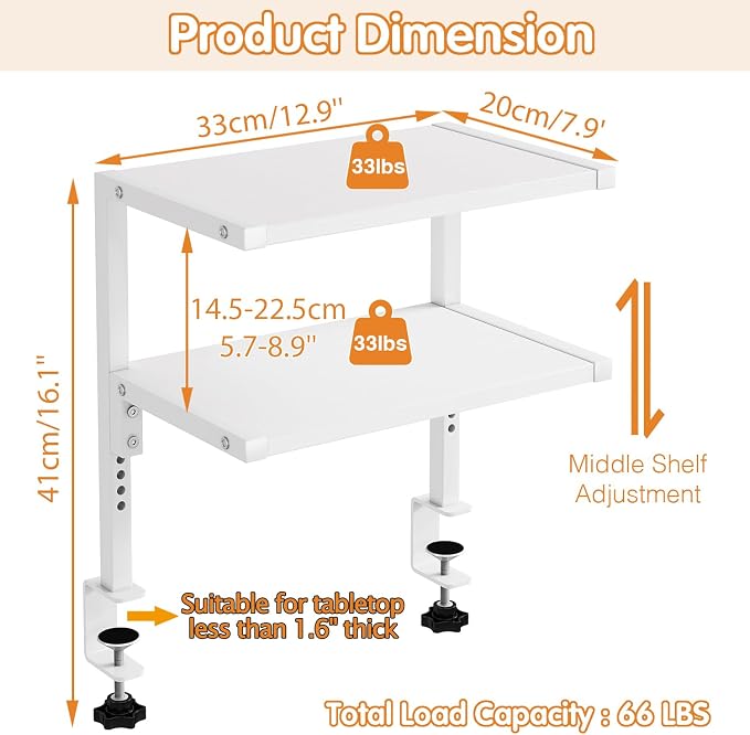 IBUYKE Clamp on Desk Organizer Shelf,Desk Extender Shelves TMZ007W | 12.9 inches,2-Tier Adjustable Storage Shelves, Above or Below Desk, for Desktop Accessories,White - Image 2