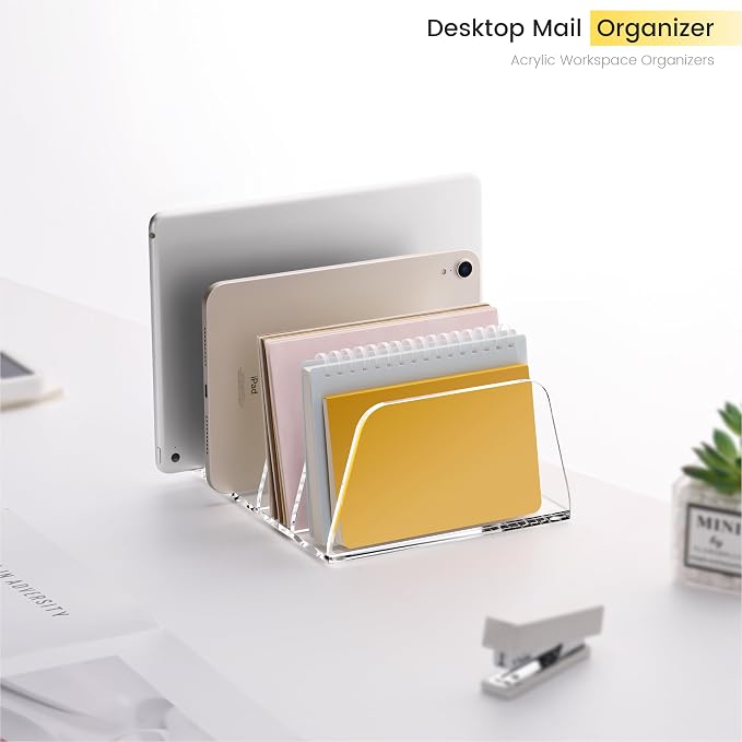 YUXUN Acrylic File Sorter,6.9"x6.6"x3.74",4 Sections Vertical Desk Organizer,Clear Mail Organizer File Holder Stand Rack Desk Accessories for Mail,Envelope,Letter,Notebook for Home/Office/Classroom - Image 2