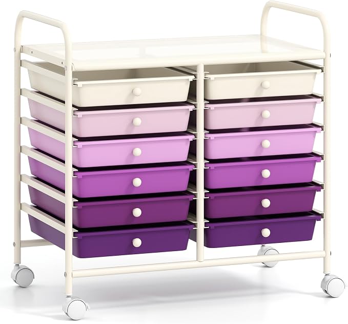 GOFLAME 12-Drawer Rolling Storage Cart, Multifunctional Art Craft Organizer Cart, Mobile Utility Storage Cart with Removable Drawers & Lockable Wheels, Craft Cart for Home Office, Purple Gradient by GOFLAME