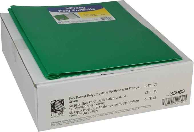 C-Line Two-Pocket Heavyweight Poly Portfolio with Prongs, For Letter Size Papers, Includes Business Card Slot, 1 Case of 25 Portfolios, Green (33963-25) by C-Line