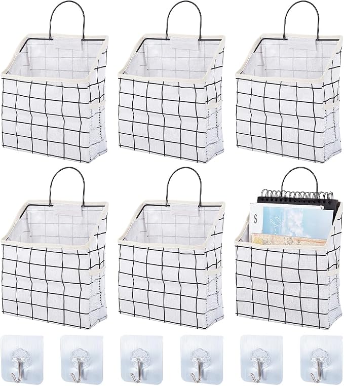 WADORN 6 Sets Wall Hanging Storage Bag, Multifunctional Door Closet Hanging Storage Basket with 6 Sticky Hooks Dorm Room Bedside Caddy Organizer for Bedroom Kitchen Bathroom, White by WADORN