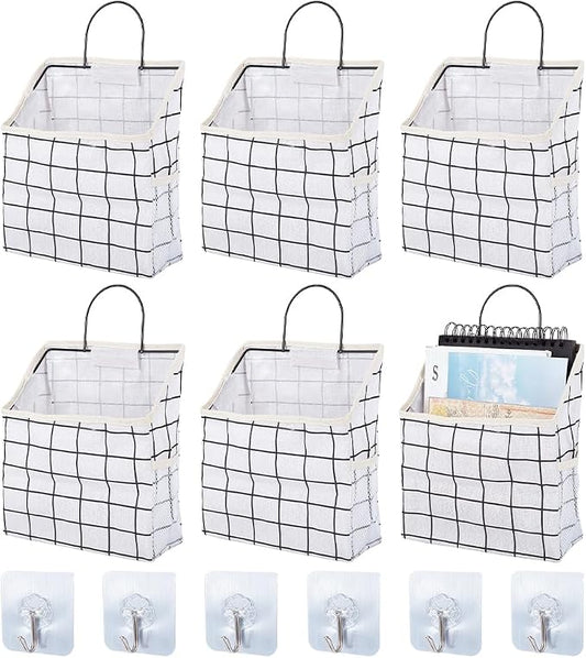 WADORN 6 Sets Wall Hanging Storage Bag, Multifunctional Door Closet Hanging Storage Basket with 6 Sticky Hooks Dorm Room Bedside Caddy Organizer for Bedroom Kitchen Bathroom, White by WADORN
