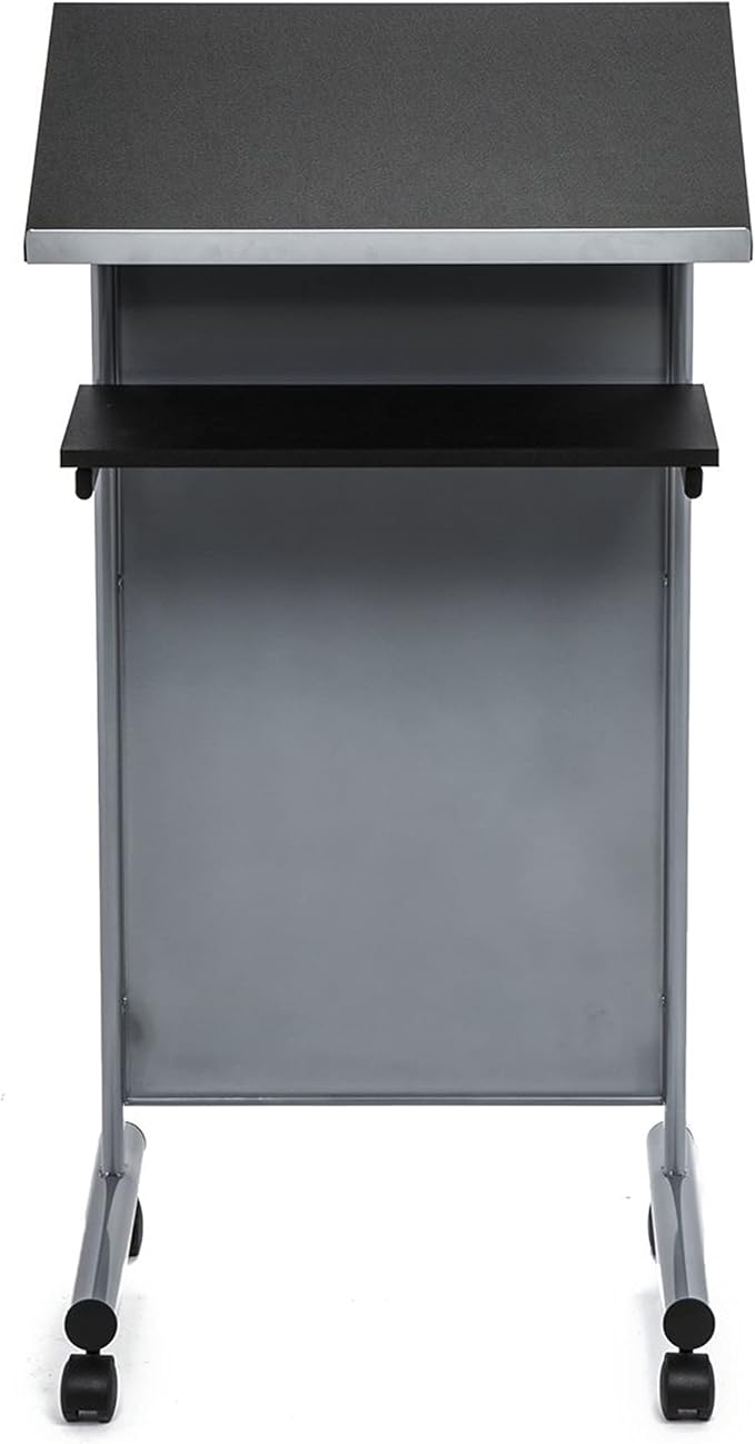 Wheeled Lectern Podium - Standing Desk with Storage Shelf - Silver/Black - Ideal for Presentations and Laptop Use - Image 9
