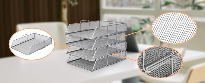 EXERZ Paper Sorter 4pcs Tier Stackable A4 Desk Organiser Letter Tray Silver | Durable Metal Mesh Holds Papers Files Folders Notebooks And Magazines For Office Home Study Classroom Desks - Image 5