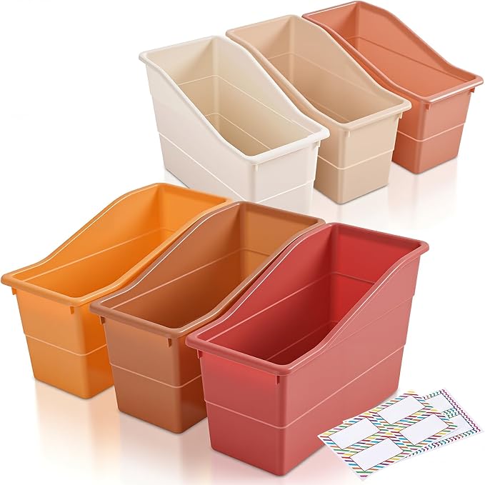 Blosssound 6 Set Book Bins for Classroom with Label Sticker Book Box Baskets Plastic Stackable Organizing Bins Storage & Organization for Classroom Library Home School Supplies (Earth Tones) by Blosssound