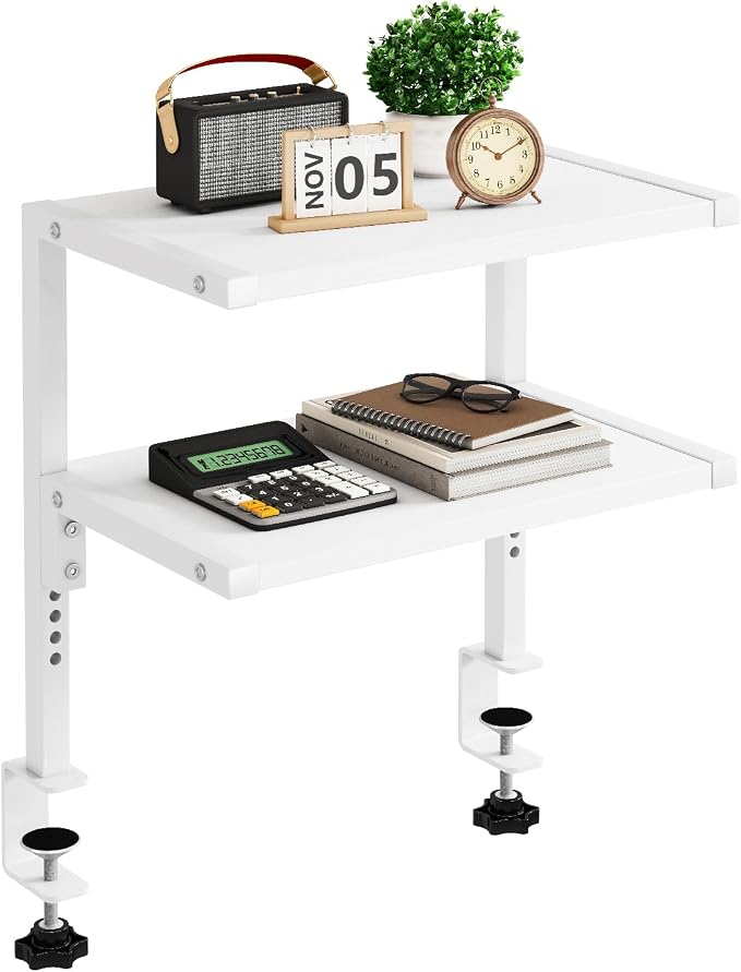 IBUYKE Clamp on Desk Organizer Shelf,Desk Extender Shelves TMZ007W | 12.9 inches,2-Tier Adjustable Storage Shelves, Above or Below Desk, for Desktop Accessories,White by IBUYKE