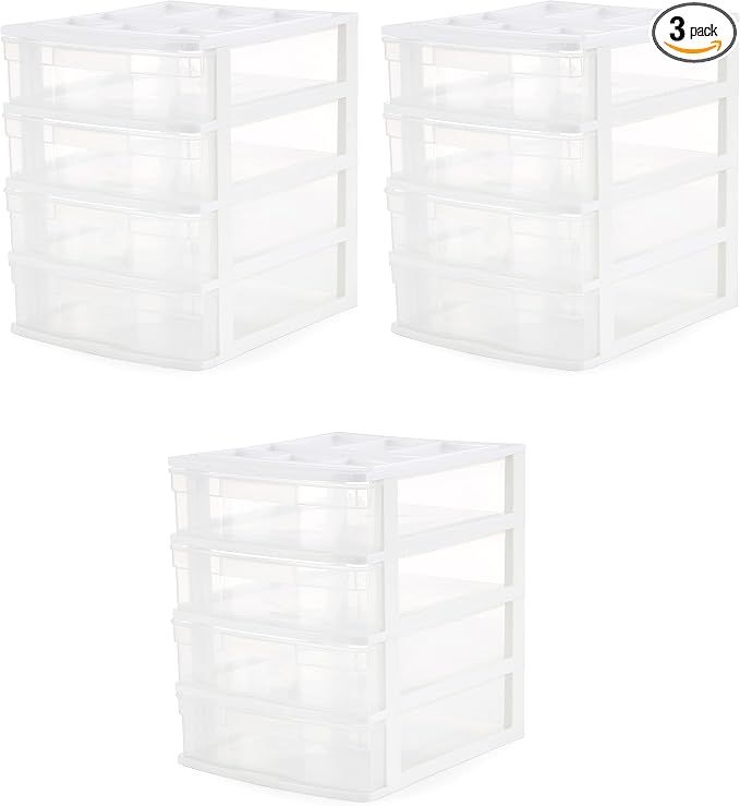 Gracious Living 4 Drawer Desktop & Countertop Organizer w/Organization Lid for Craft Storage, Office Supplies & School Supplies, White/Clear (3 Pack) by GraciousLiving