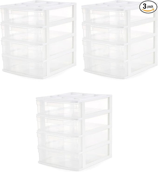Gracious Living 4 Drawer Desktop & Countertop Organizer w/Organization Lid for Craft Storage, Office Supplies & School Supplies, White/Clear (3 Pack) by GraciousLiving