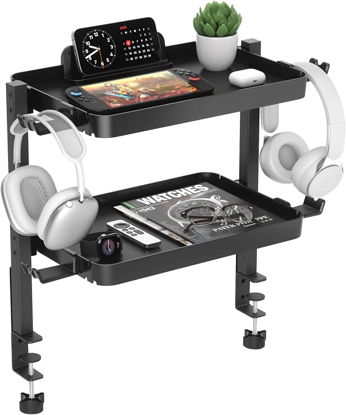 KDD Clamp On Desk Organizer - Adjustable 2-Tier Above or Under Desk Shelves with Large Capacity Tray, Phone & Tablet Holder, Headphone Hook - No Drilling Desktop Storage for Office & Home Accessories by KDD