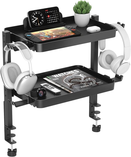 KDD Clamp On Desk Organizer - Adjustable 2-Tier Above or Under Desk Shelves with Large Capacity Tray, Phone & Tablet Holder, Headphone Hook - No Drilling Desktop Storage for Office & Home Accessories by KDD