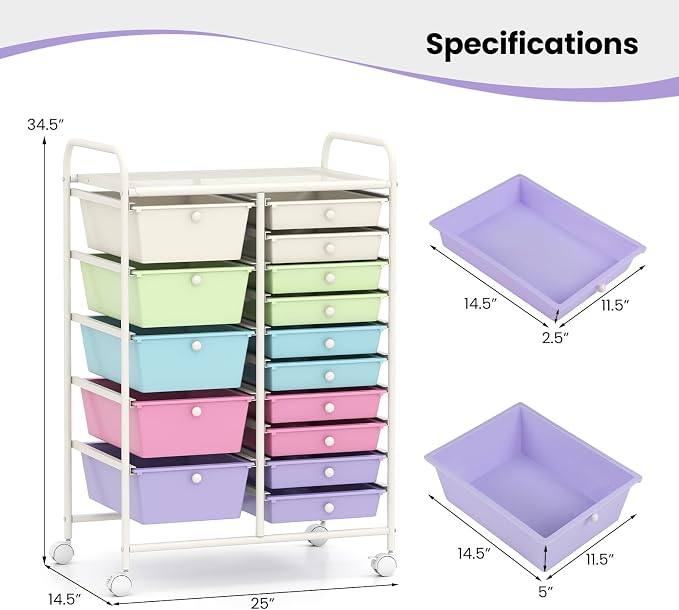 COSTWAY 15 Drawer Rolling Storage Cart, Mobile Storage Organizer | Removable Drawers & Metal Frame, Multipurpose Utility Tools Paper Organizer on Wheels for Home, Office (Ice Cream Colorful) - Image 3