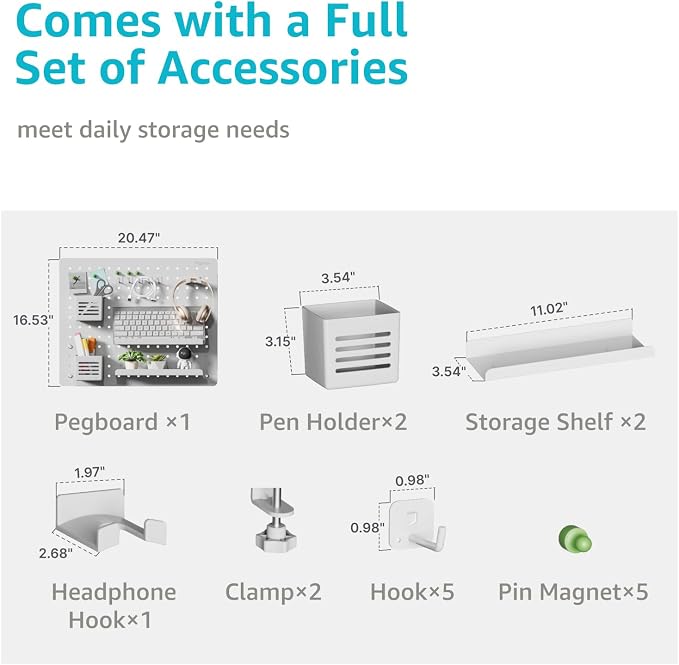 Clamp on Desk Pegboard, 20.4" x 16.5", with 15 Accessories, White | Magnetic Metal Peg Board, Desk Organizer for Office Gaming Home, Privacy Panel, Large - Image 2