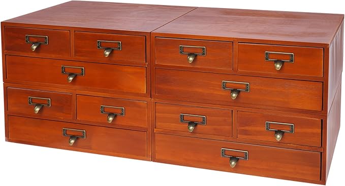 Stackable Wooden Desk Storage Box, 12 Drawers Tabletop Organizer, Brown | 4-Pack Countertop Apothecary Cabinet, Vintage Library Card Catalog Storage Cabinet with Metal Label Handles for Office Home - Image 4