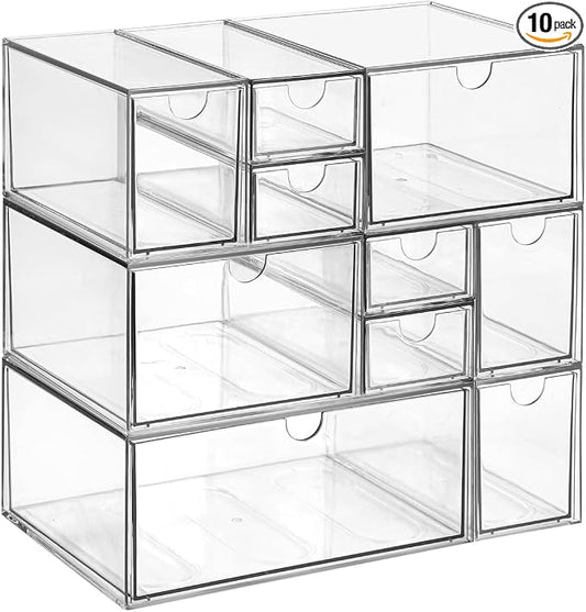 Stackable Storage, Clear Plastic Drawer Storage With 10 Drawers, 4 Different Sizes, Suitable For Desktop, Candy boxesunnels, Cosmetics, Stationery, Jewelry and Organization by WUHUME
