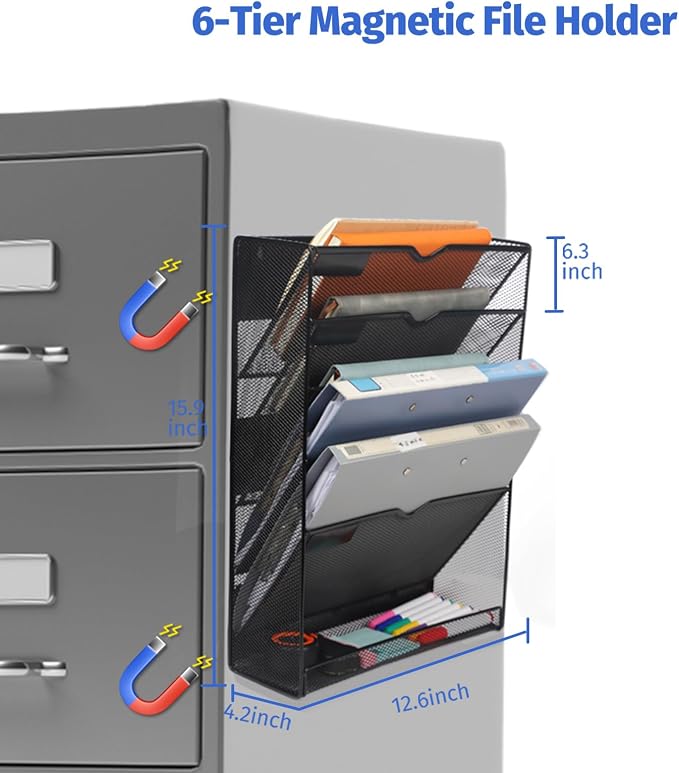 6-Tier Magnetic File Holder, Large Capacity File Cabinet Organizer, No-Drill Mount Hanging Magnetic Paper Holder for File Cabinets, Office, Whiteboard, Magnetic Mail Holder - Image 4