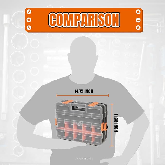 Jack Boss Tool Box with Transparent Lid, Single Side 17-Compartments Organizer Box with Removable Dividers for Hardware, Screws, Bolts, Nails, Beads, Jewelry and Fishing Accessories, Orange, 2 Pack - Image 5