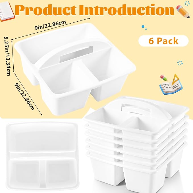 6 Pack 3 Compartment Small Caddy Plastic Classroom Organizer with Handle Portable Teacher Supply Storage Caddy Craft Art Caddies for Pencil, Crayon, Marker, Home, Office, School Supplies(White) - Image 2
