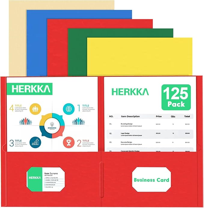 Two Pocket Folder, HERKKA 125 Pack 2 Pocket Folders with Business Card Slot, Letter Size Paper Folders Designed for Office and Classroom Use, Assorted 5 Colors by HERKKA