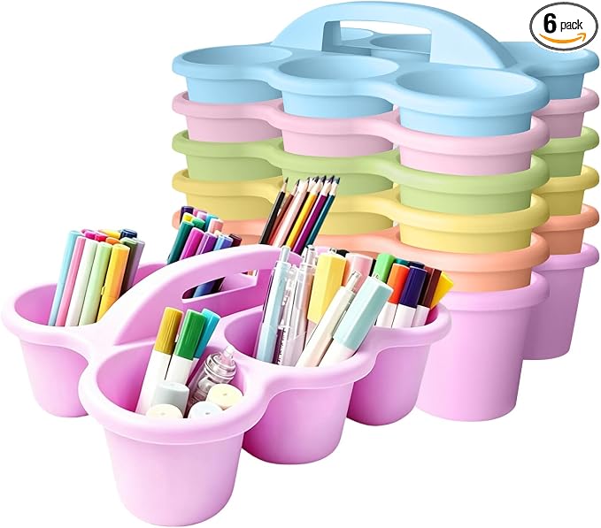 6 Pack Classroom Caddy Organizer with Handle Pastel Plastic Table Caddy 6 Compartments Storage Cup Holder for School Supplies Art Crafts Crayons Pencils Stackable Desk Caddy for Office Home by JEChrochen