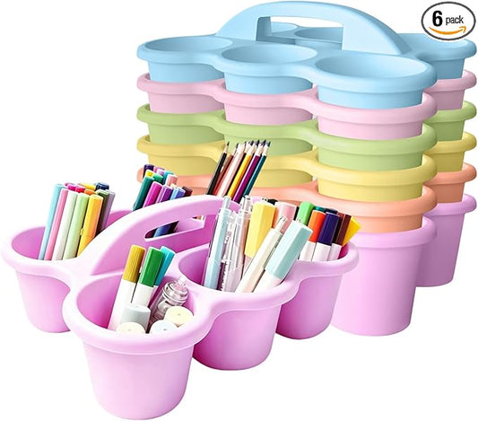 6 Pack Classroom Caddy Organizer with Handle Pastel Plastic Table Caddy 6 Compartments Storage Cup Holder for School Supplies Art Crafts Crayons Pencils Stackable Desk Caddy for Office Home by JEChrochen