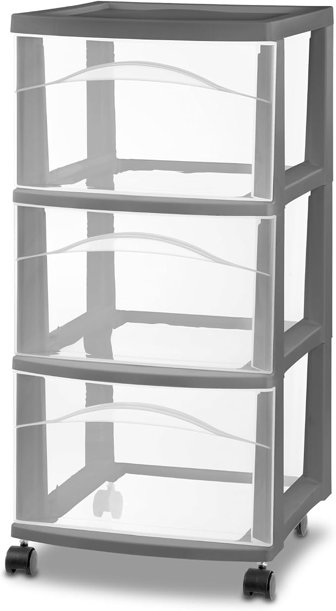 Sterilite 2 Pack 3 Drawer Storage Cart, Rolling Organization, Flat Gray | Clear Plastic Organizer Drawers with Wheels for Craft Supplies, Bath Essentials, or Home Accessories - Image 4