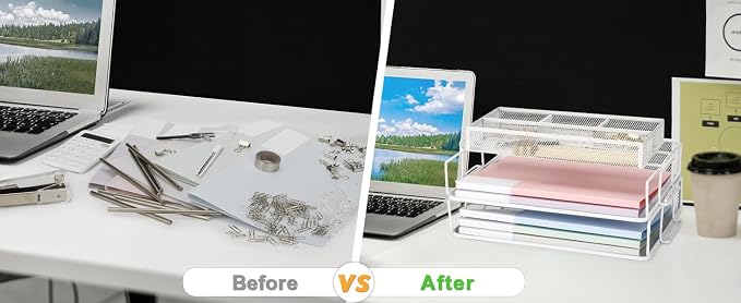 EXERZ Stackable Letter Trays 2 Pack with Memo Holder Desk Organiser White | Two Tier A4 File Storage With Divided Accessory Sections For Notes Pens Clips And Everyday Desk Essentials - Image 6