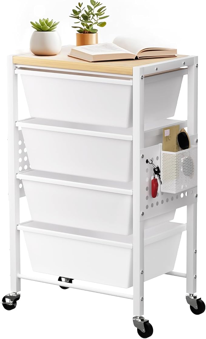 Rolling Cart with 4 Drawers, Plastic Drawer Storage Carts with Wheels & Wooden Tabletop, Metal Utility Cart with Pegboards, Office Living Room Classroom Craft Organization and Storage, Bright White by TimeForest