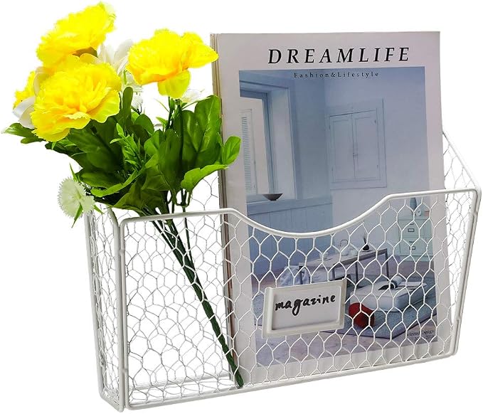 3 Pockets Hanging File Holder Wall Mount Mail Organizer Metal Chicken Wire Magazine Rack with Tag Slot, White - Image 3