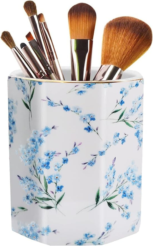 Pencil Holder for Desk Organizer,Ceramic Writing Utensil Storage Organizer Aesthetic Floral Pattern Pen Holder Pen Cup Makeup Brush Holder Creative Gift for Desktop Supplies,School Life Blue