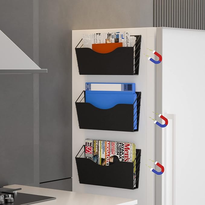 3 Pockets Magnetic File Holder for File Cabinets, Refrigerator, Whiteboard, Paper Organizer, Mail or Folder Holder, Magazine Rack,Wall Mount Hanging Mail Organizer (black) - Image 3