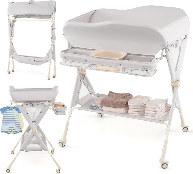 INFANS Baby Changing Table with Wheels, Portable Folding Diaper Station Nursery Organizer with Storage Basket, Hanging Rack, Adjustable Height, Safety Belt for Newborn Infant (Light Gray) - Image 9