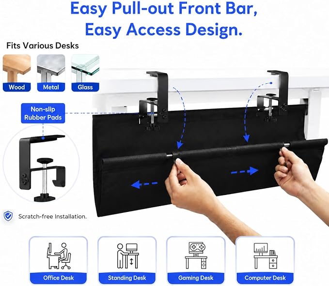 Under Desk Cable Management Tray 36", No Drill Clamp-On Design, Premium Oxford Fabric Cord Organizer Hides Power Strip & Messy Wires, Ideal for Home Office & Gaming Desk - Image 5