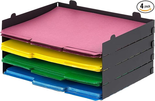 IRIS USA 4-Pack Stackable Metal Letter Tray Organizer, Black | Sort paperwork, documents, and office essentials with stackable trays designed for desks and workspaces by IRISUSA