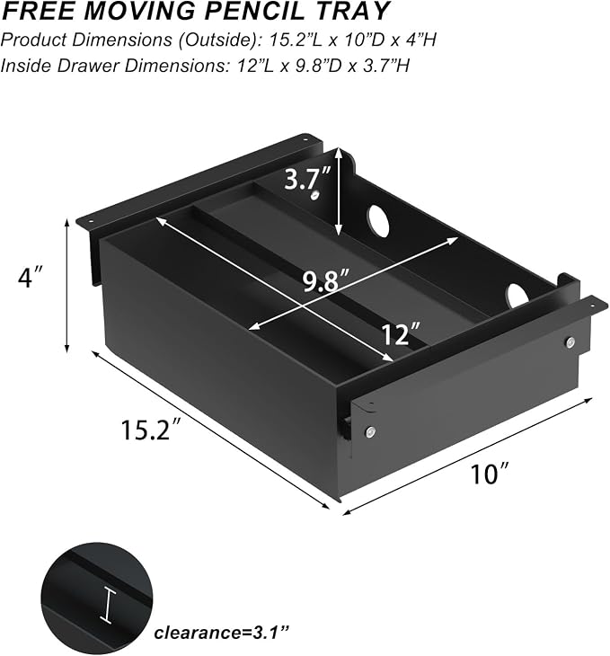 Under Desk Drawer(15.2''x10''x4'') with Sliding Pencil Tray, Desk Mounted Sliding Pull-out Drawer for Office Desk Drawer Attachment, Extra Storage Organizer for Sit Stand Workstation - Image 2