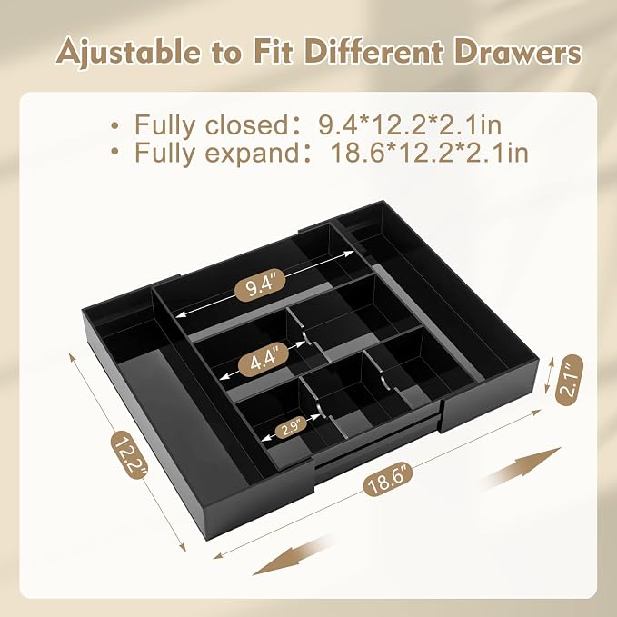 Briwooody Black Acrylic Drawer Organizer Expandable,8 Compartments,Large | 9'' up to 18'' x 12'' x 2.1'' Desk Drawer Organizer Trays Adjustable with Desk Accessories for Makeup Office Bathroom - Image 2