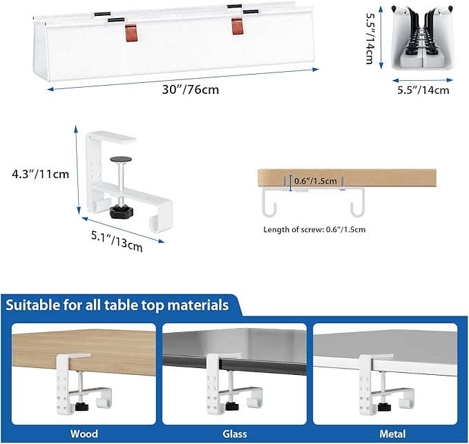Zilink Under Desk Cable Management 30" No Drill Desk Cable Management Tray Clamp/Screw Mount Cable Tray Sturdy Waterproof Fabric Cord Organizer for Office, Home, White - Image 5