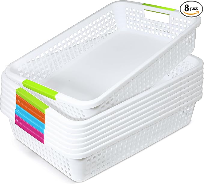 8 Pack Classroom Storage Baskets 15''x10''x3'' Large Plastic Classroom Paper Trays with Handle Letter Size A4 Paper Toy Basket Turn in Trays for Library, Office Desk Drawer Organizing (8, White) by BeapTcely