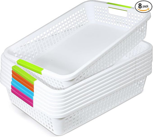 8 Pack Classroom Storage Baskets 15''x10''x3'' Large Plastic Classroom Paper Trays with Handle Letter Size A4 Paper Toy Basket Turn in Trays for Library, Office Desk Drawer Organizing (8, White) by BeapTcely
