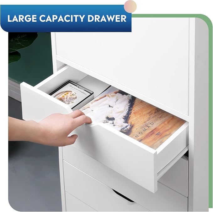 DEVAISE 5 Drawer Cabinet with 1 Door, Mobile Office File Cabinet, White | Wood Rolling Cart, Filing Drawers, Craft Storage Drawer Cabinet, Printer Stand, Home Office - Image 6