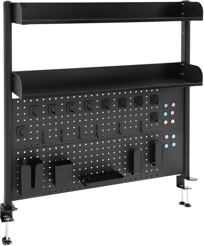 Clamp-On Pegboard Desk Organizer, 2-Tier Clamp On Desk Shelf with Hooks, Office Accessory Organizer for Books, Office Supplies & DIY Storage, 16.5lbs Capacity, 39.37" x 37.4", Black - Image 5