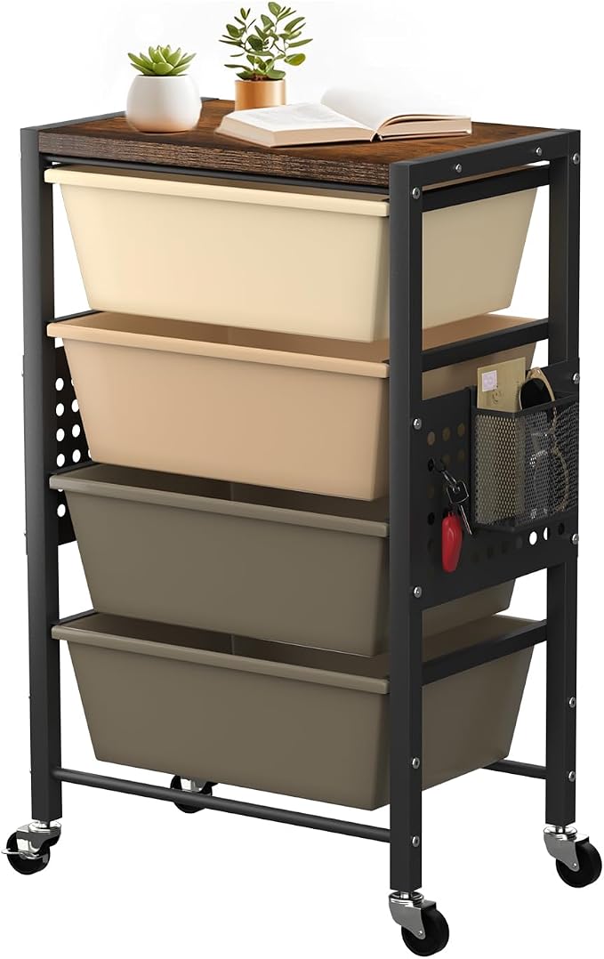 Rolling Cart with 4 Drawers, Plastic Drawer Storage Carts with Wheels & Wooden Tabletop, Metal Utility Cart with Pegboards, Office Living Room Classroom Craft Organization and Storage, Dark Brown by TimeForest