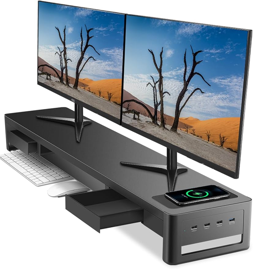 meatanty Dual Monitor Stand Riser with 2 Drawers,4 USB Ports and Charging Pad,Metal Monitor Stand for 2 Monitors Supports Transfer Data and Charging,Desk Organizer for PC,iMac(38.7 inches) by Meatanty