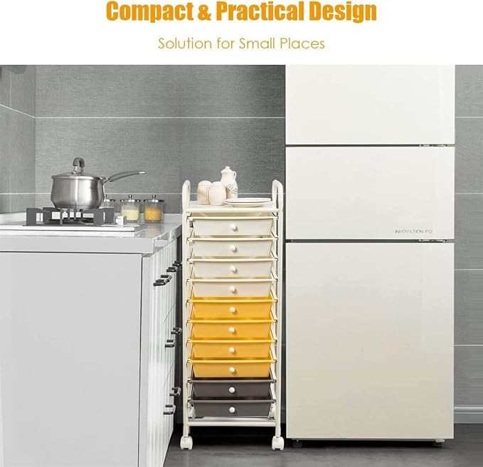 Storage Cart, Rolling Utility Cart with 10 Drawers, Portable Handles & Lockable Wheels, Mobile Paper Toys Storage Organizer Large Capacity for Home Office School Teacher (Yellow) - Image 8