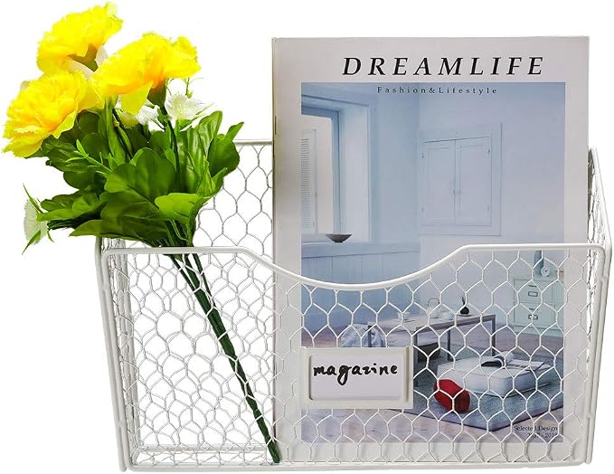 3 Pockets Hanging File Holder Wall Mount Mail Organizer Metal Chicken Wire Magazine Rack with Tag Slot, White - Image 2