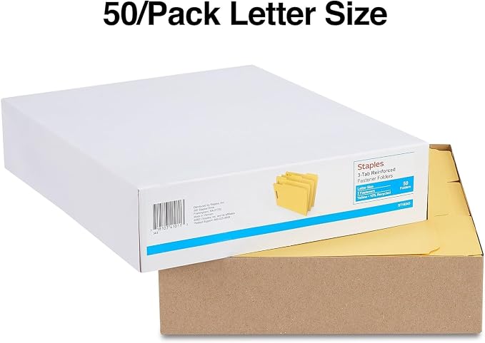 Staples Reinforced Tab Fastener Folder, Letter Size, Yellow Pressboard, Durable Construction, 50/Box - Image 3