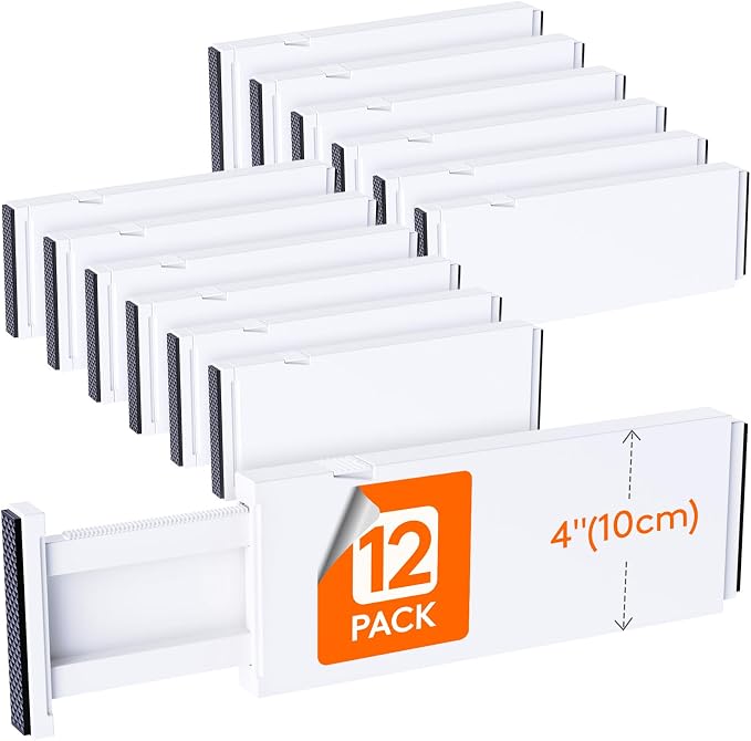 Lifewit 4" High Upgrade Drawer Divider, Adjustable Drawer Organizer Clothes | 12 Pack 11-17" Expandable White Plastic Drawer Separator for Dresser, Kitchen, Closet, Nursery, Office Organization & Storage by Lifewit