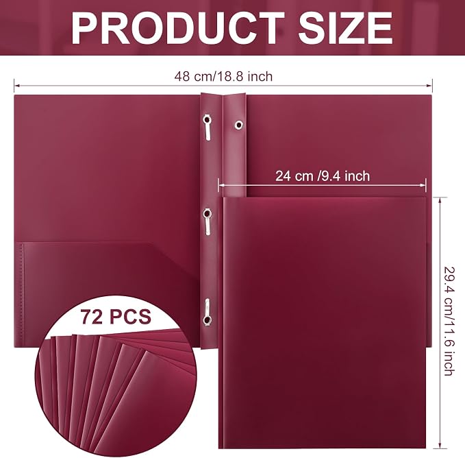 Cholemy 72 Packs Pocket Folders with Prongs Heavy Duty Plastic Folder with Business Card Slot 3 Prong Fasteners for School Office (Burgundy) - Image 2